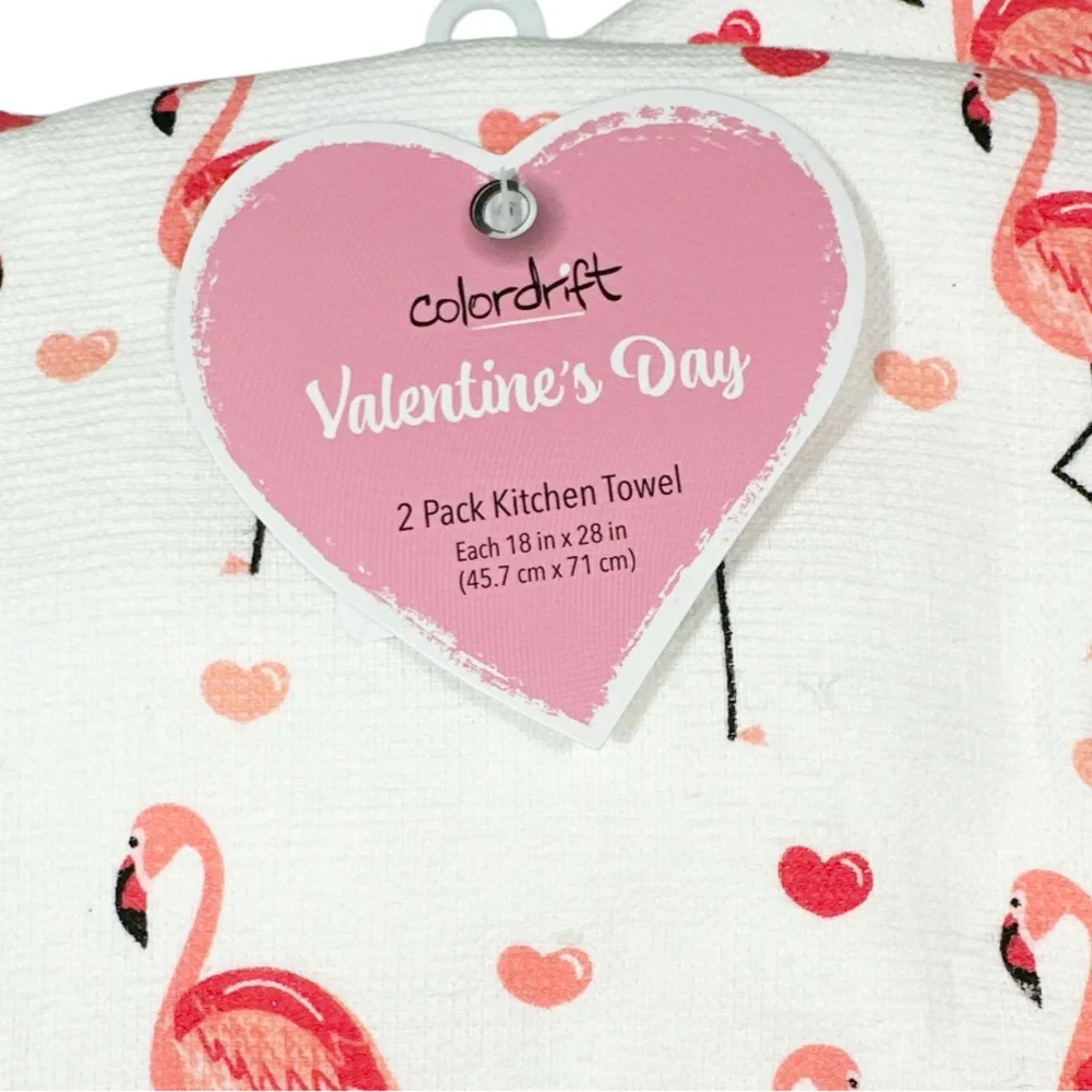 NEW Colordrift VALENTINE HEART & FLAMINGO Kitchen Towel Set/2